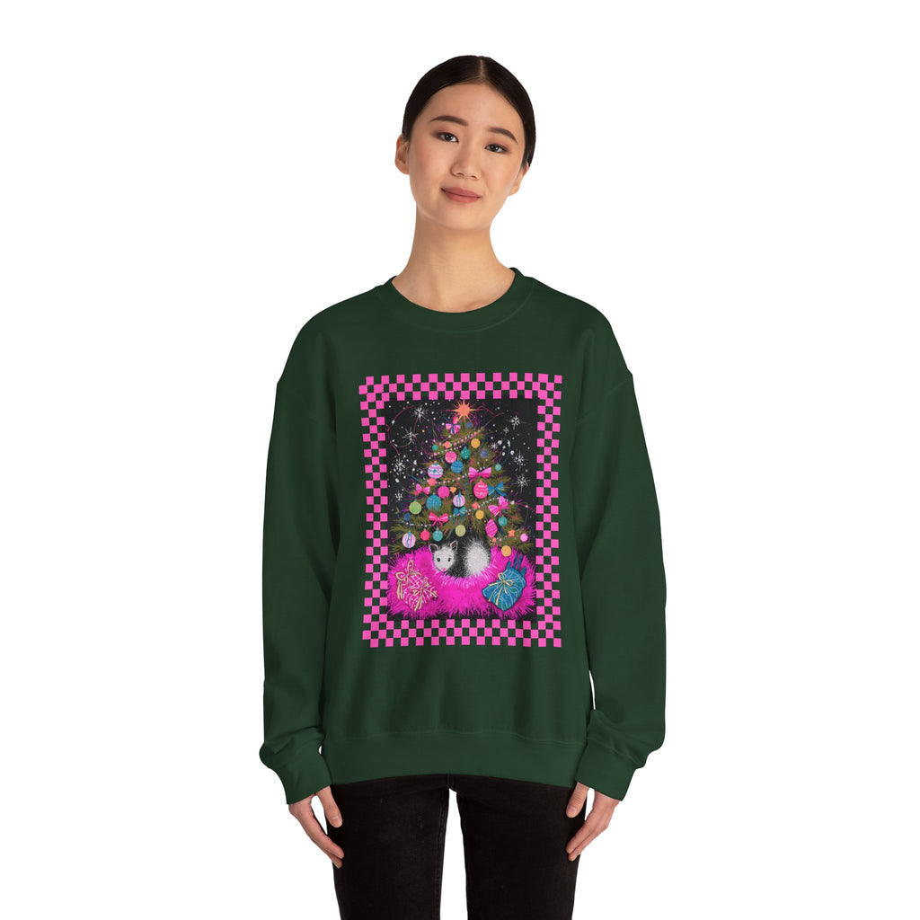 Christmas Possum Crewneck Sweatshirt — Pink Checkerboard Holiday Graphic