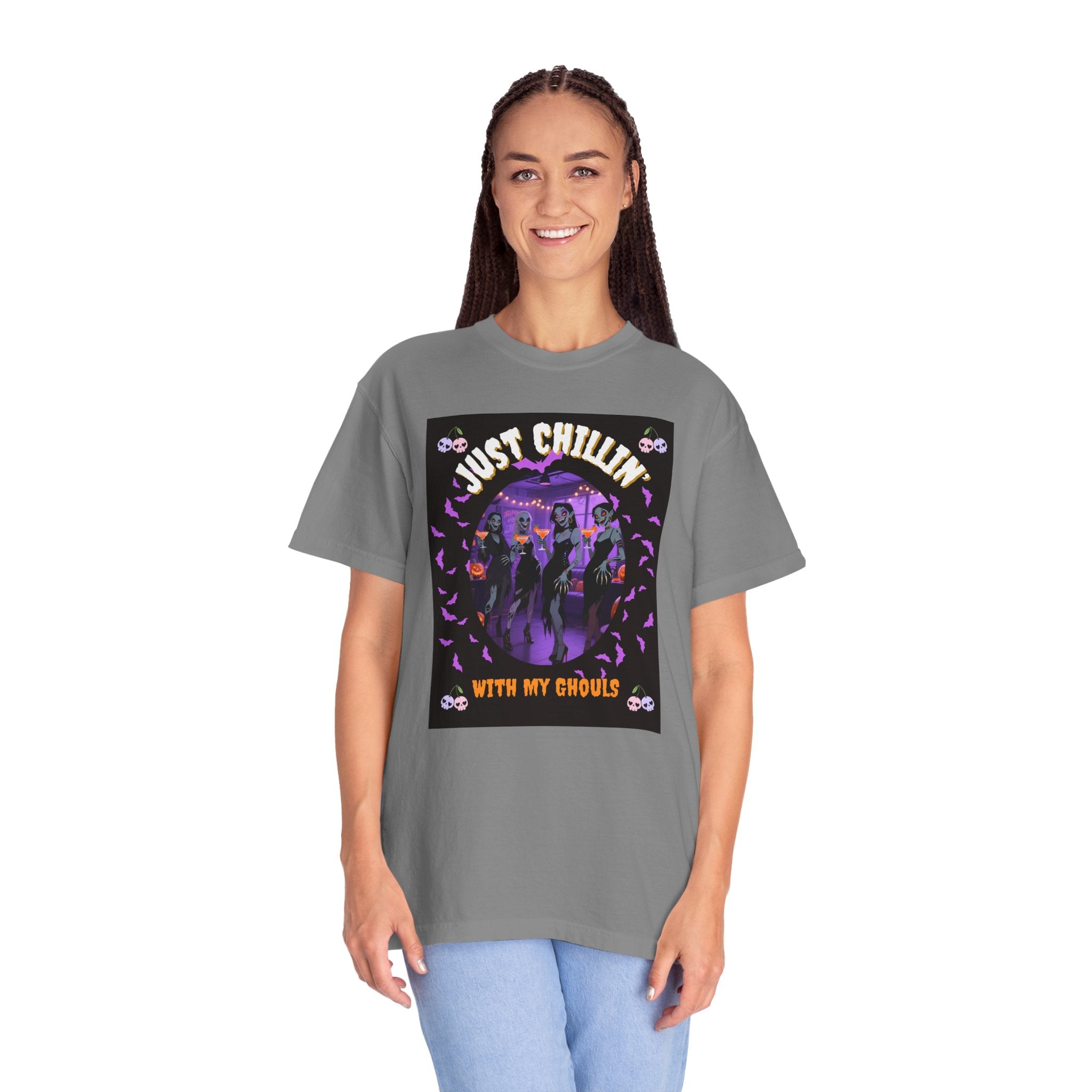 Just Chillin' With My Ghouls, Halloween Graphic Tee, Unisex Garment-Dyed T-Shirt, Spooky Shirt, Halloween Costume, Fall Fashion, Holiday Apparel