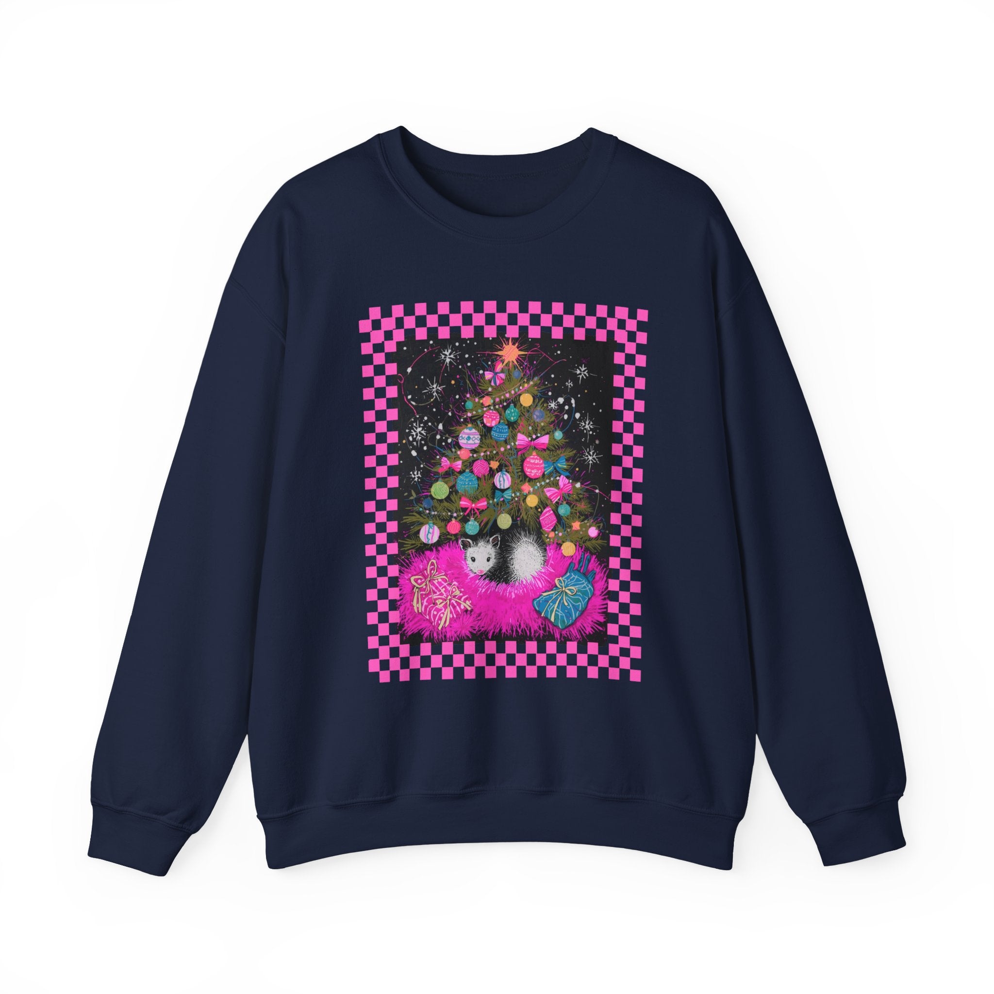 Christmas Possum Crewneck Sweatshirt — Pink Checkerboard Holiday Graphic
