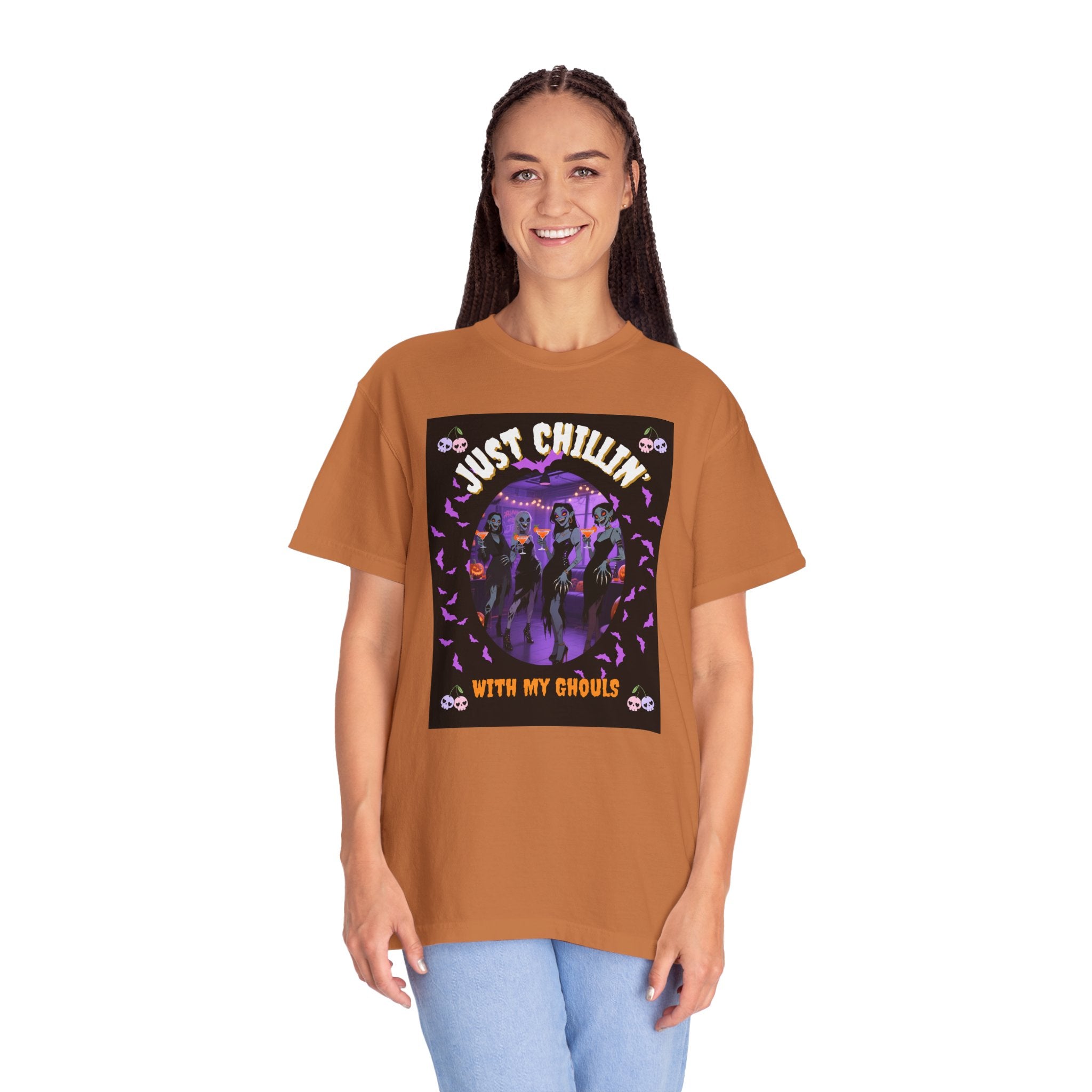 Just Chillin' With My Ghouls, Halloween Graphic Tee, Unisex Garment-Dyed T-Shirt, Spooky Shirt, Halloween Costume, Fall Fashion, Holiday Apparel