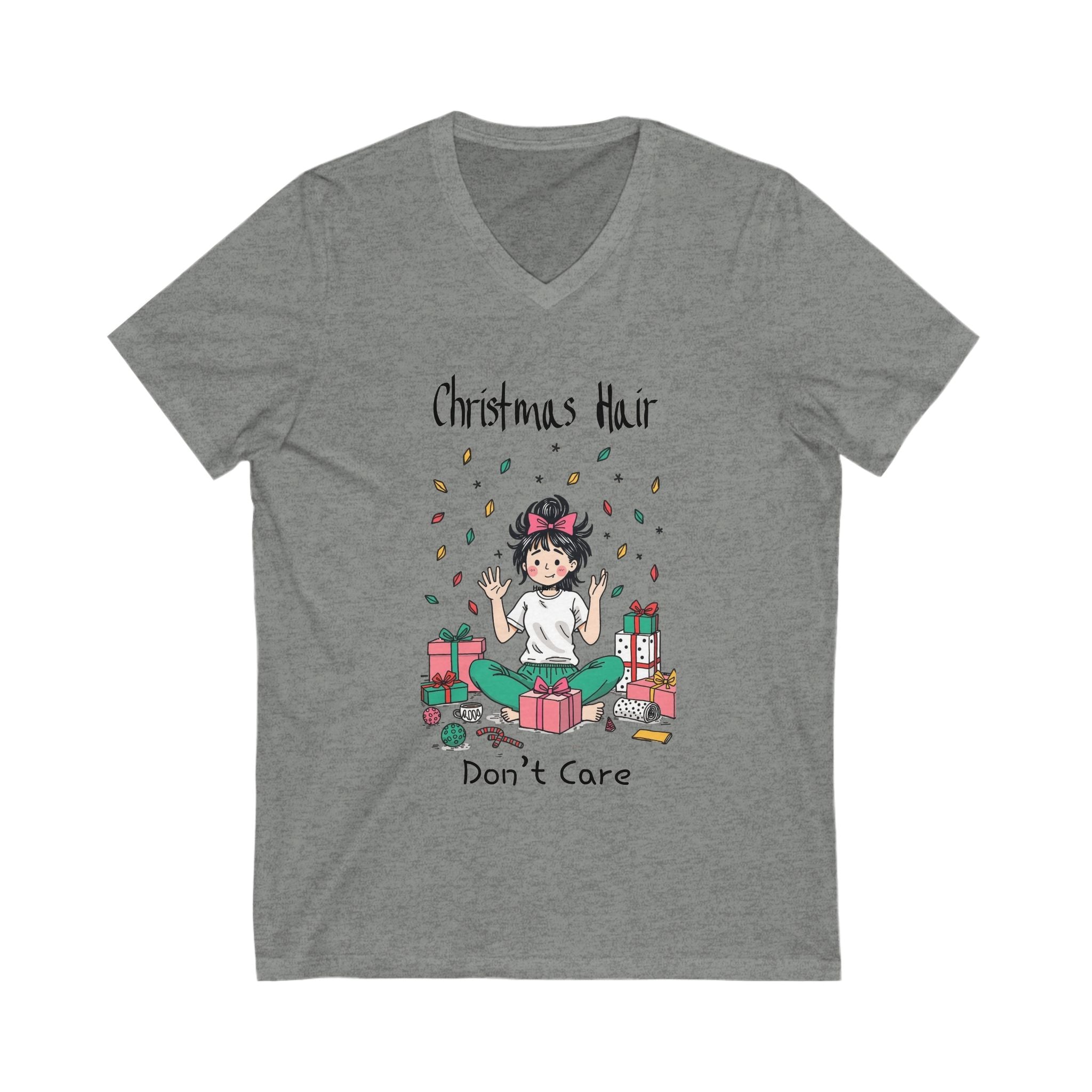 Festive Christmas Hair V-Neck Tee, Holiday T-Shirt, Christmas Gift, Cute Graphic Tee, Casual Wear, Winter Outfit, Gift for Her
