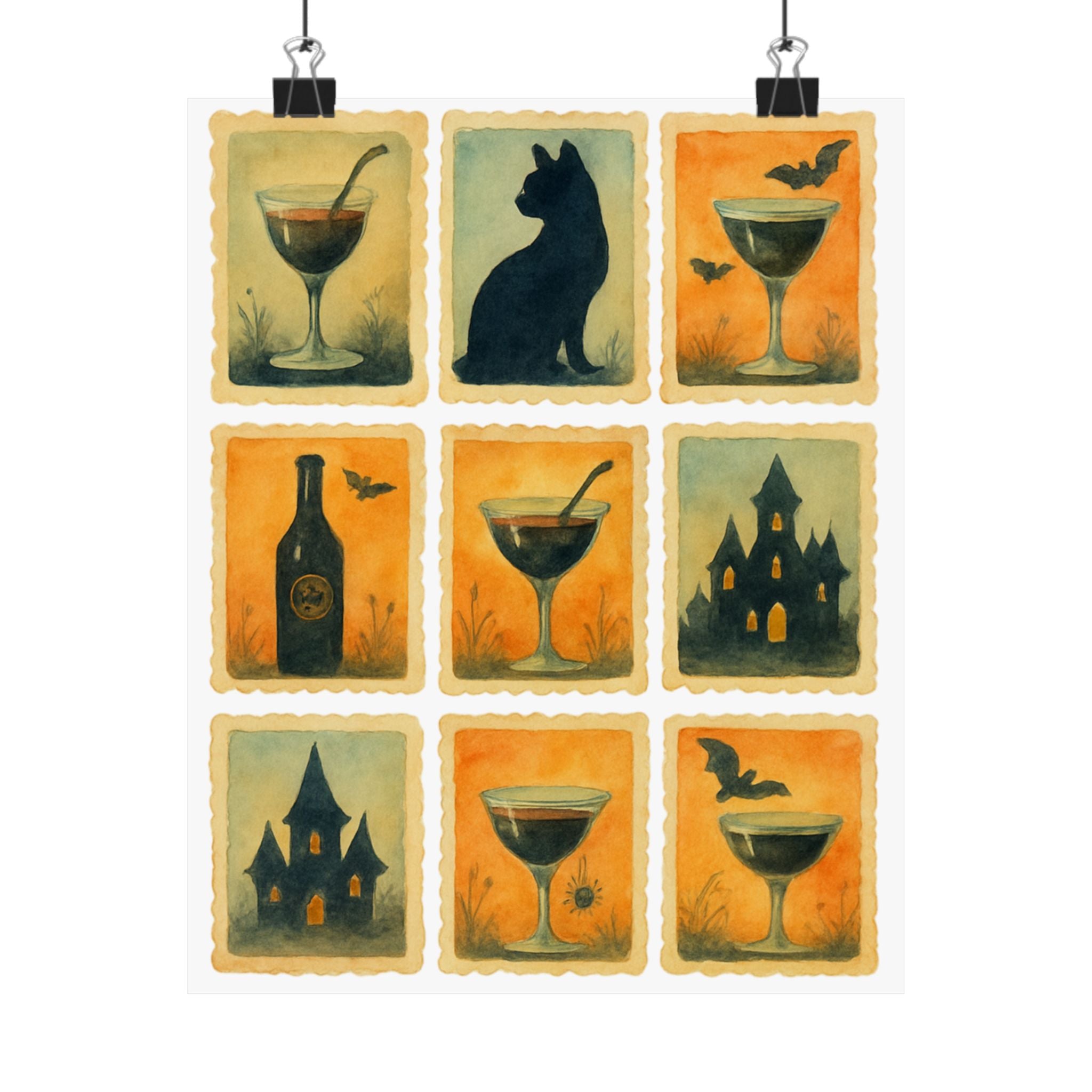 Halloween Vintage Matte Poster Set, Spooky Home Decor, Cat and Cocktail Art, Fall Wall Art, Dark Academia Decor, Gothic Vibes