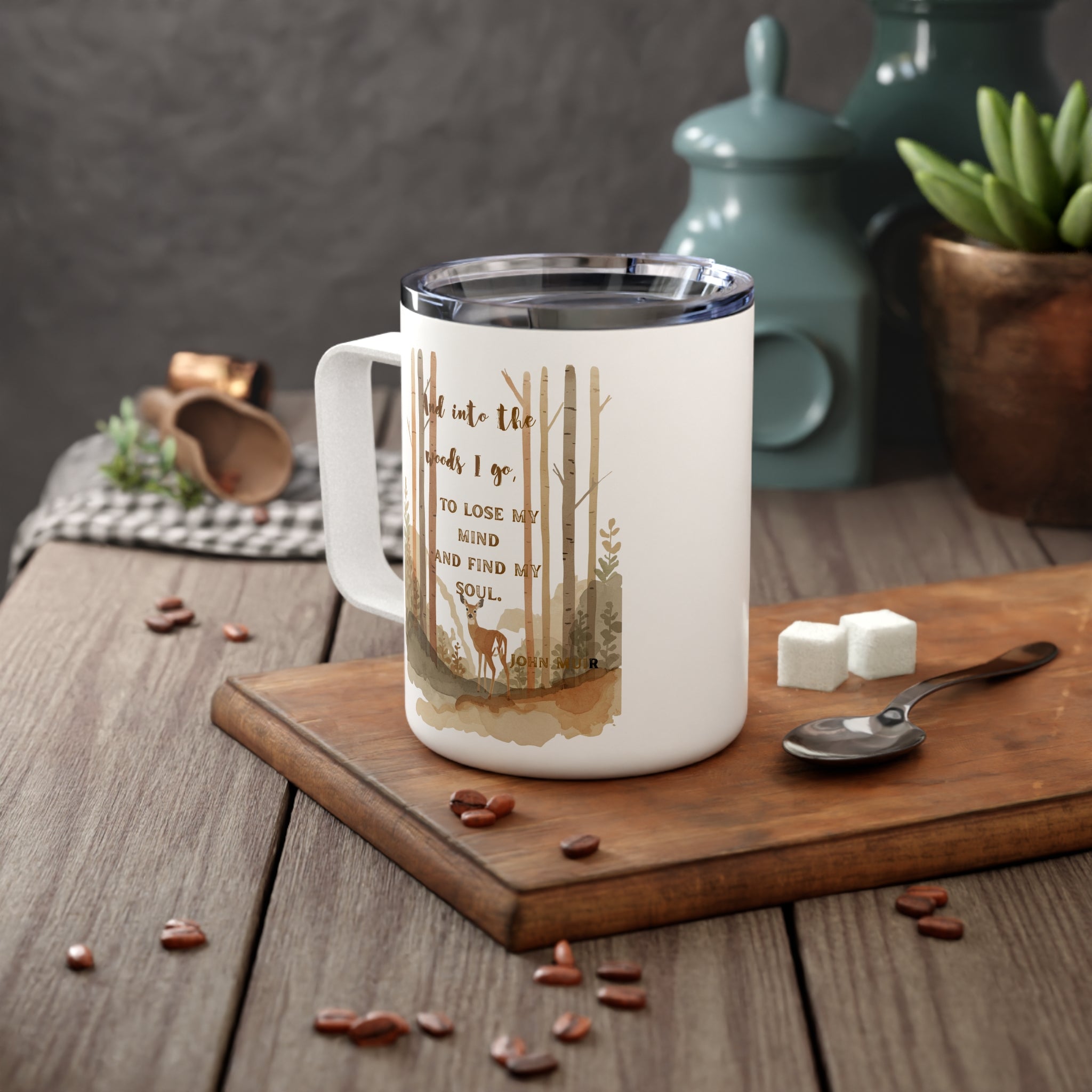 Into the Woods I go Quote Cozy Insulated Coffee Mug, Book Lovers Gift,