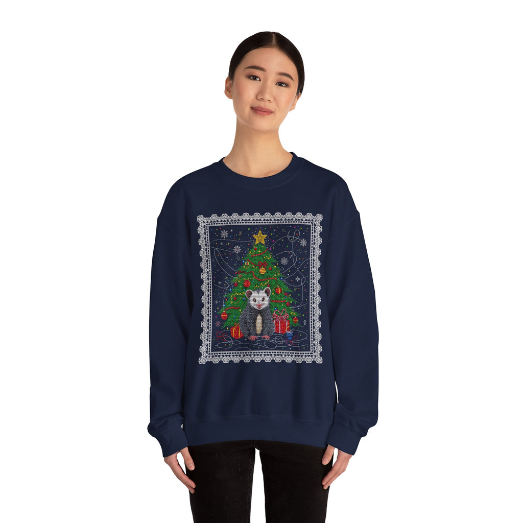 Christmas Tree & Possum Crewneck Sweatshirt – Cute Holiday Ugly Sweater Design
